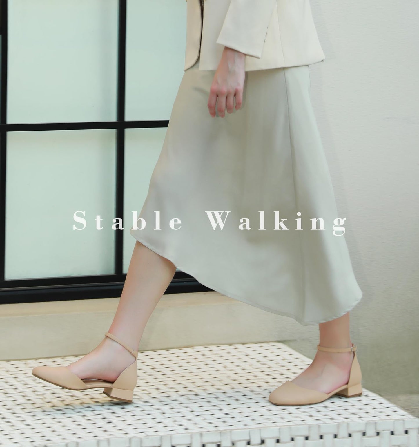 Ankis Nude Closed Toe Heels for Women, 1 Inch Women's Flats Low Block Heel Women Dress Shoes Womens Pumps Work Shoes with Ankle Strap for Spring Fall