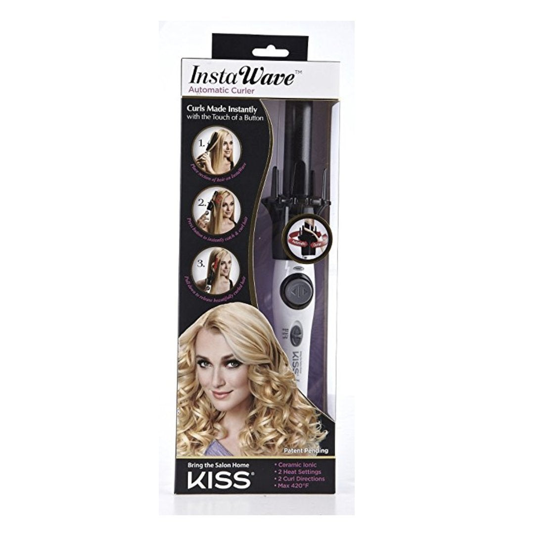 Kiss Instawave Deluxe Automatic Curling Iron, Black & White, 1" Curling Wand, 2-Way Self-Rotating Ceramic Ionic Hair Curler for Loose or Tight Curls, Dual Heat Settings up to 420°F, Tangle Prevention