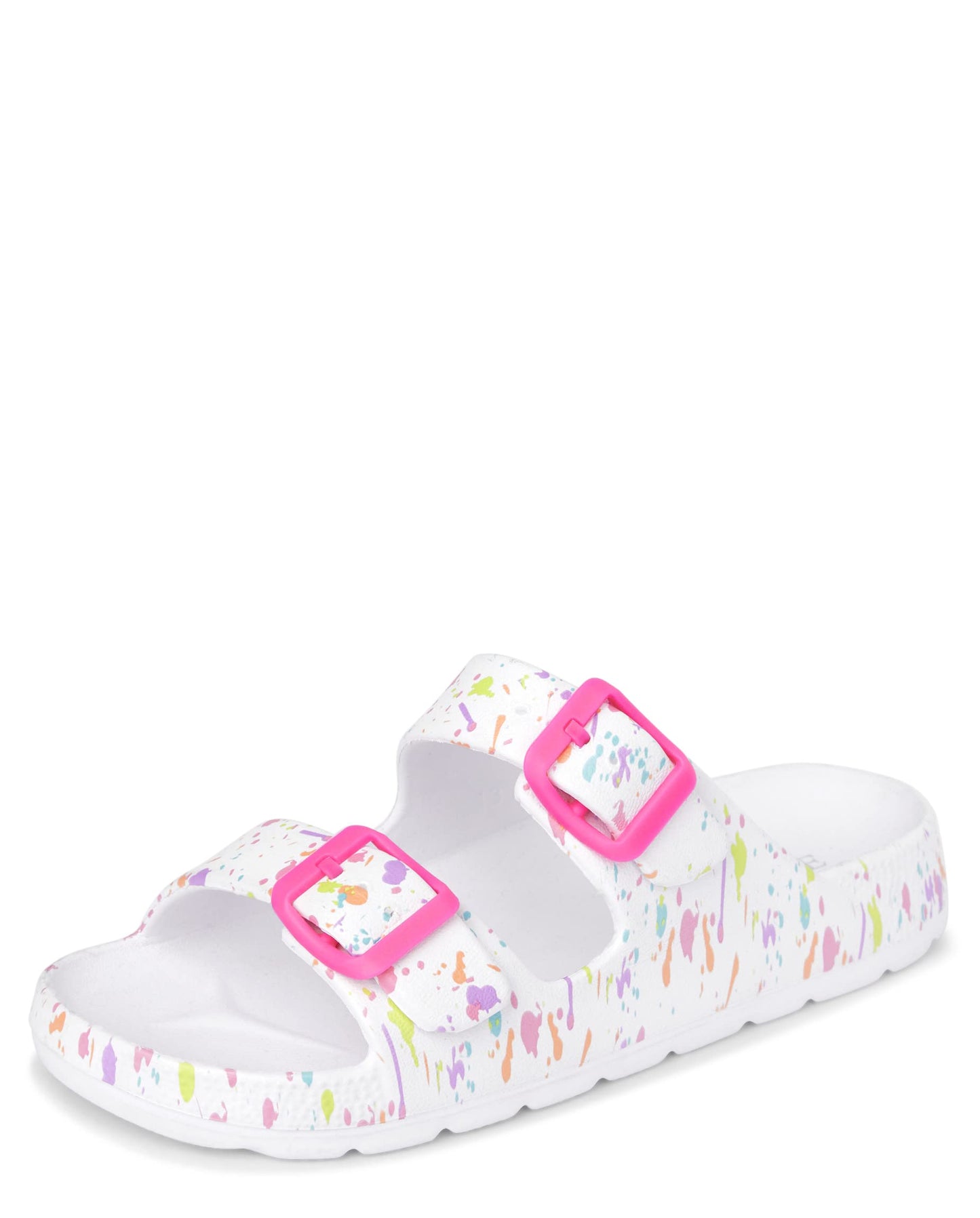 The Children's Place Girls Double Buckle Slip On Slide Sandals, White Paint Splatter, 4 Big Kid