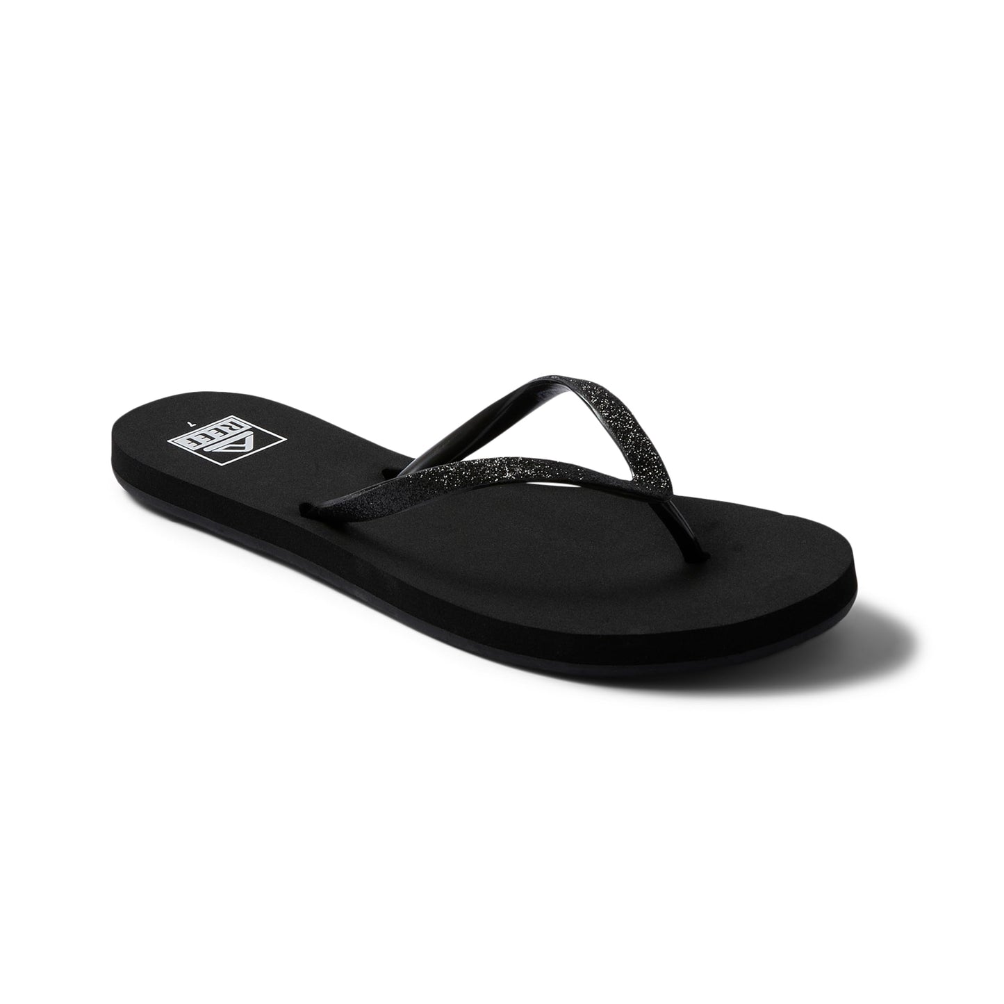 REEF Stargazer Womens Beach Flip Flop, Super Lightweight and Soft Footbed, Thin Glitter Strap, Black/Black, 9