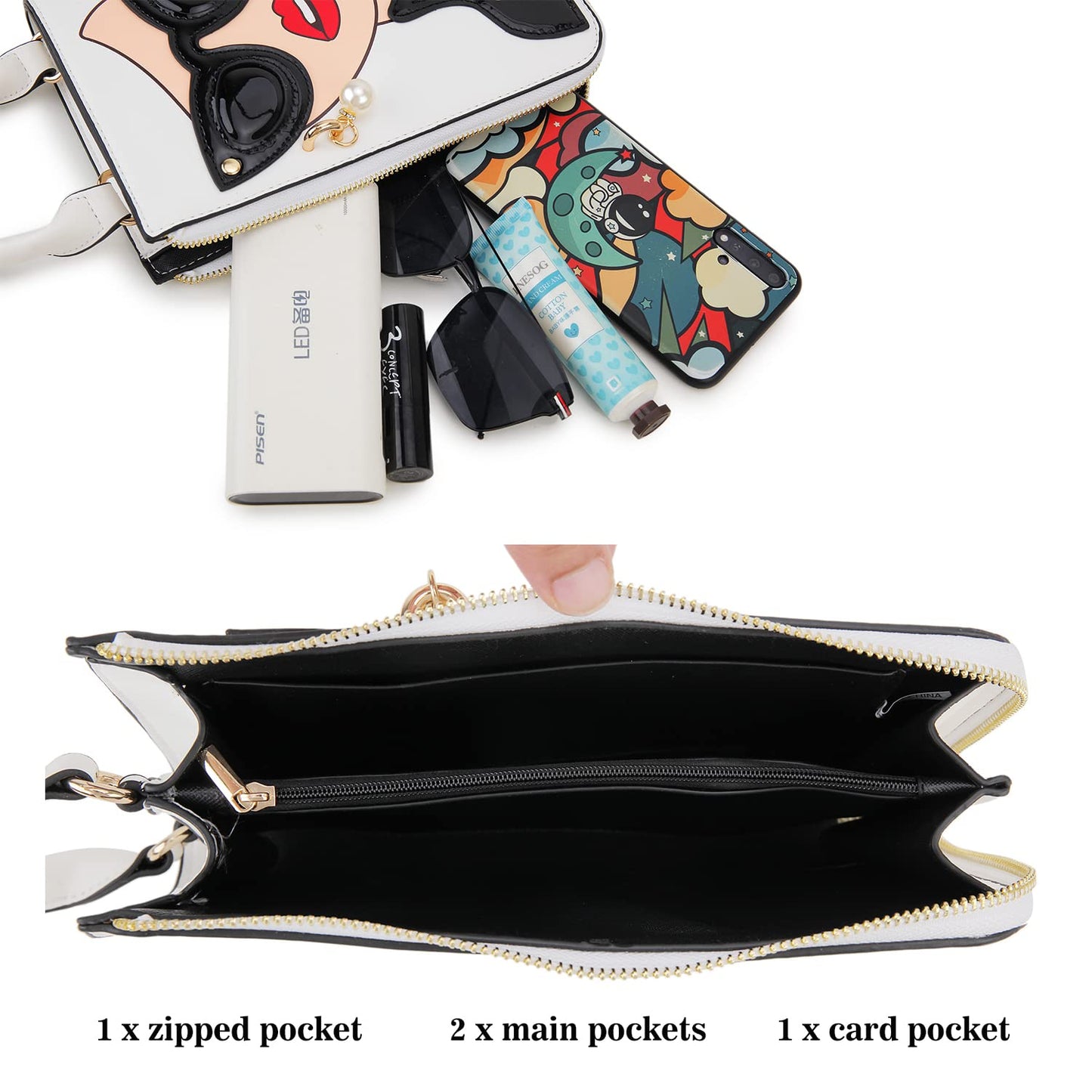 ENJOININ Women Novelty Lady Face Shoulder Bags Funky PU Leather Top Handle Satchel Handbags Clutch Purse for Women (White-3b)