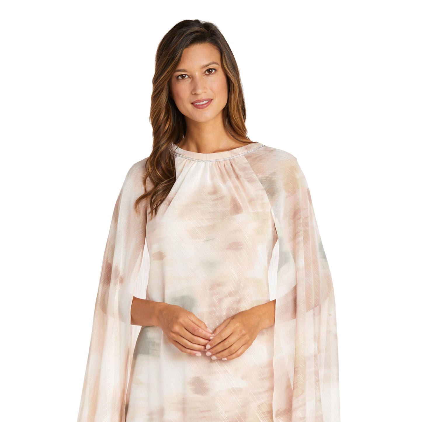 R&M Richards Women's Short Floral Print Lurex Chiffon Cape Dress W/Rhinestone Neckband
