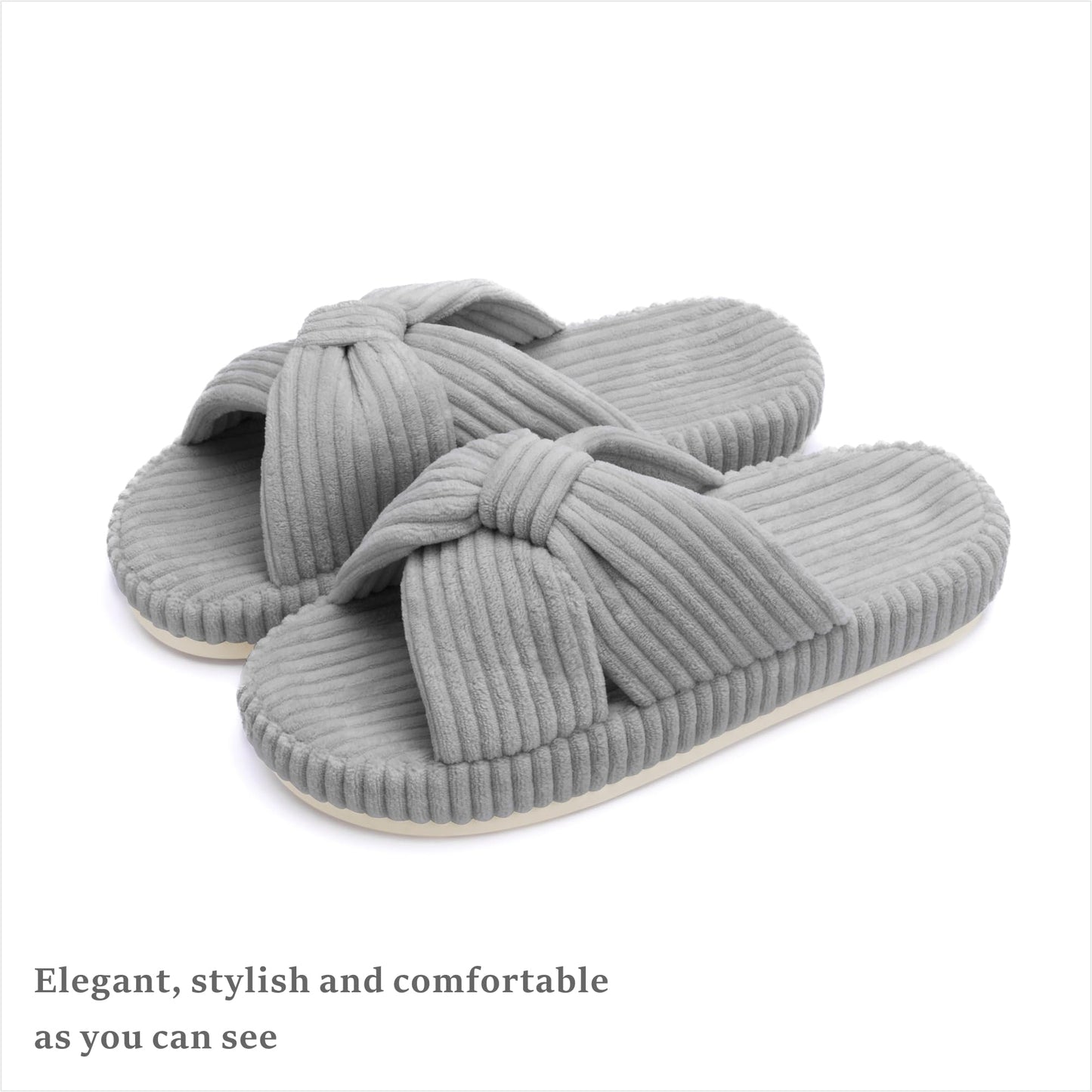 Chantomoo Slippers for Women Memory Foam House Bedroom Corduroy Bow Crossbands Slipper Shoes Comfy Trendy Gift Slippers Grey Size 7 8 6.5
