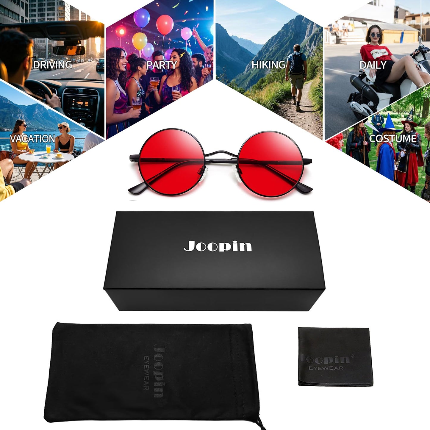 Joopin Small Round Sunglasses Circle Shades for Women Men Metal Circular Sun Glasses UV Protection Hippie Sunnies (Black Tinted Red)