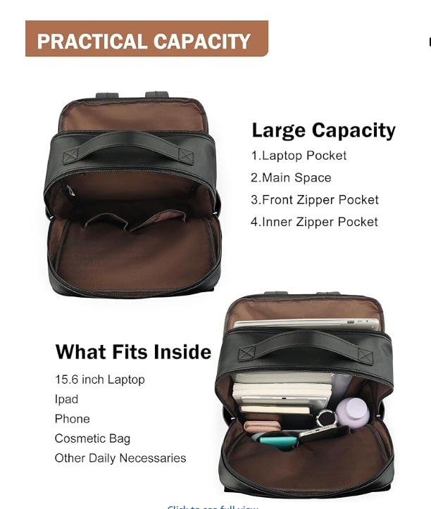 MASINTOR 15.6 inch PU Leather Laptop Backpack Purse