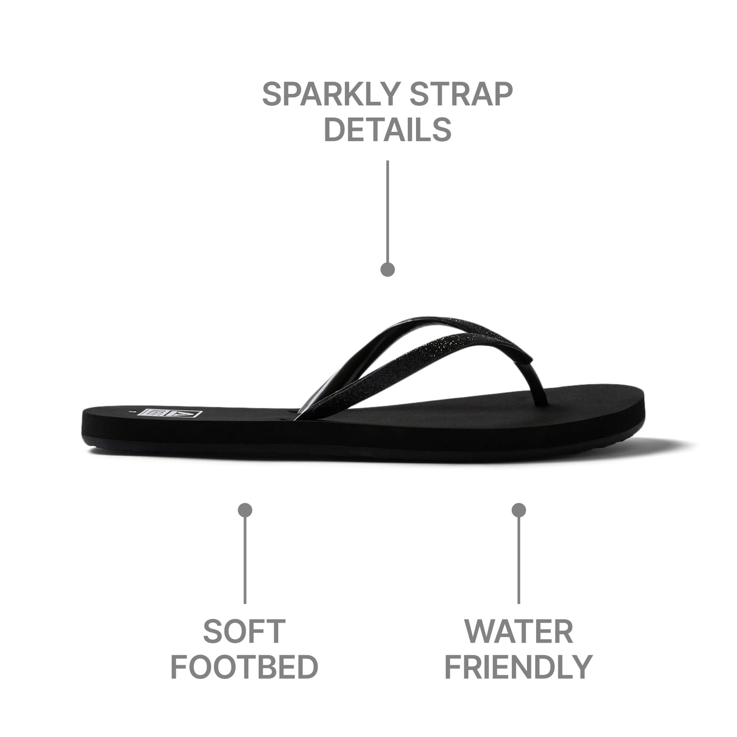 REEF Stargazer Womens Beach Flip Flop, Super Lightweight and Soft Footbed, Thin Glitter Strap, Black/Black, 9