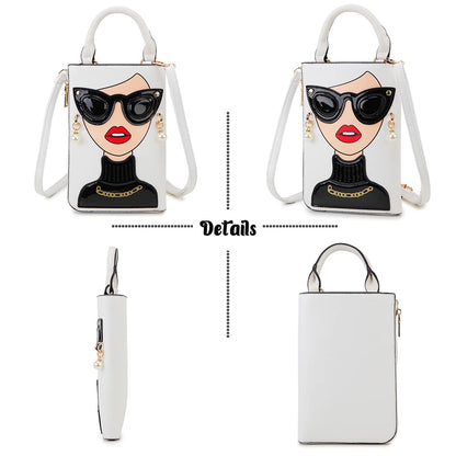 ENJOININ Women Novelty Lady Face Shoulder Bags Funky PU Leather Top Handle Satchel Handbags Clutch Purse for Women (White-3b)