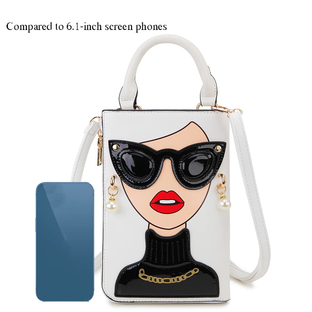 ENJOININ Women Novelty Lady Face Shoulder Bags Funky PU Leather Top Handle Satchel Handbags Clutch Purse for Women (White-3b)