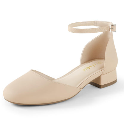 Ankis Nude Closed Toe Heels for Women, 1 Inch Women's Flats Low Block Heel Women Dress Shoes Womens Pumps Work Shoes with Ankle Strap for Spring Fall