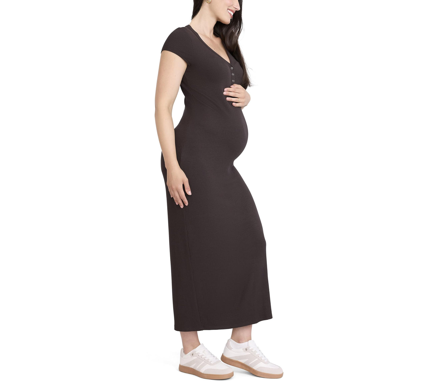 Motherhood Maternity Women's Short Sleeve V-Neck Henley Rib Knit Bodycon Maxi Pregnancy Dress, Chocolate Tort, Small