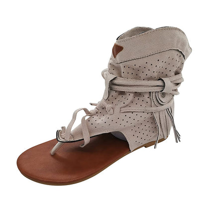 Tassel Sandals for Women, Retro Bohemian Gladiator Fringe Casual Shoes Flat Clip Toe Ankle Boots Beach Sandals T-Strap Roman Open-Toe Sandals