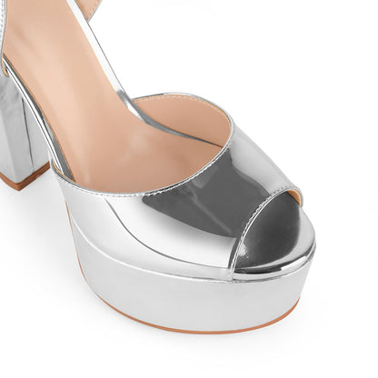 Vecipatcare Platform High Heels Chunky heels Open Toe Round Toe Sexy Sandals Silver Size6