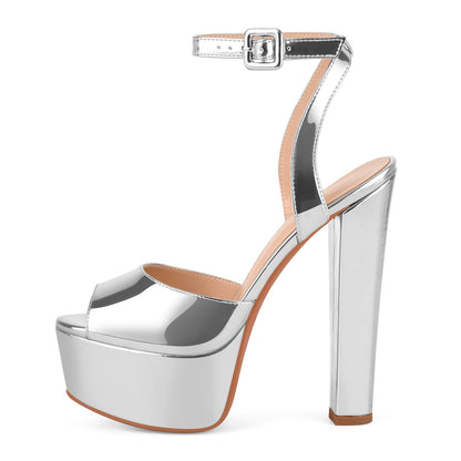 Vecipatcare Platform High Heels Chunky heels Open Toe Round Toe Sexy Sandals Silver Size6