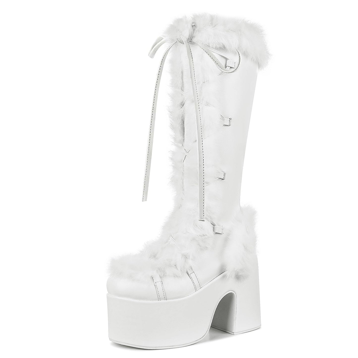 CELNEPHO Knee High Boots For Womens Side Zipper Warm Faux Fur Platform Chunky Heel Punk Goth Walking Winter Snow Boots