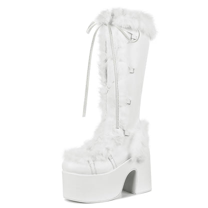 CELNEPHO Knee High Boots For Womens Side Zipper Warm Faux Fur Platform Chunky Heel Punk Goth Walking Winter Snow Boots