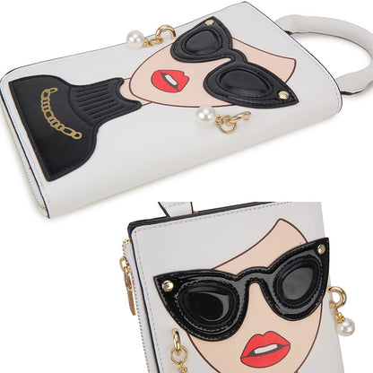 ENJOININ Women Novelty Lady Face Shoulder Bags Funky PU Leather Top Handle Satchel Handbags Clutch Purse for Women (White-3b)