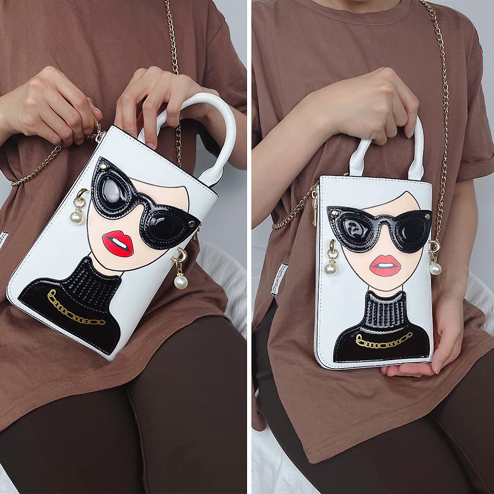 ENJOININ Women Novelty Lady Face Shoulder Bags Funky PU Leather Top Handle Satchel Handbags Clutch Purse for Women (White-3b)