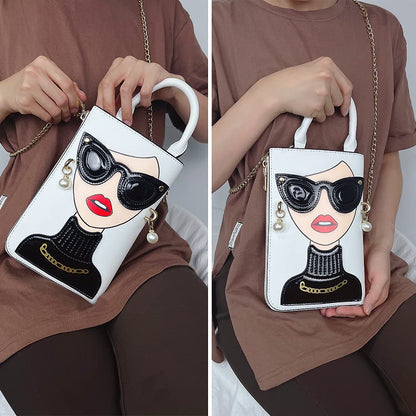 ENJOININ Women Novelty Lady Face Shoulder Bags Funky PU Leather Top Handle Satchel Handbags Clutch Purse for Women (White-3b)