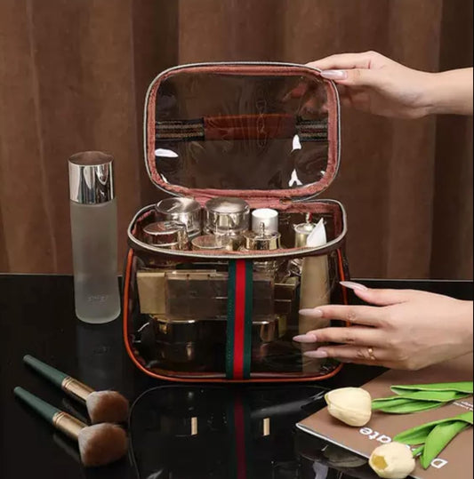 GLOLOOS New Retro Vintage Vanity Bag, Clear Makeup Organizer with Handle,Large Capacity Waterproof Makeup Organizer bag with Zipper,Travel Cosmetic & Skincare Storage Case for Ladies (Coffee)