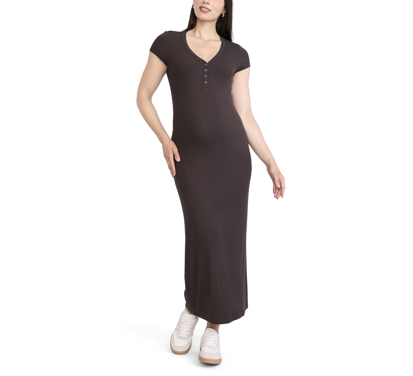 Motherhood Maternity Women's Short Sleeve V-Neck Henley Rib Knit Bodycon Maxi Pregnancy Dress, Chocolate Tort, Small