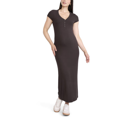 Motherhood Maternity Women's Short Sleeve V-Neck Henley Rib Knit Bodycon Maxi Pregnancy Dress, Chocolate Tort, Small