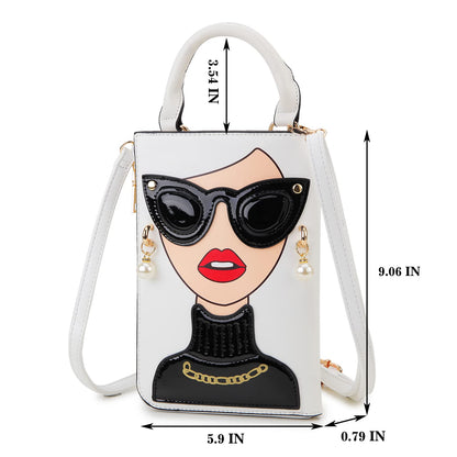 ENJOININ Women Novelty Lady Face Shoulder Bags Funky PU Leather Top Handle Satchel Handbags Clutch Purse for Women (White-3b)