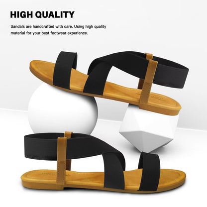 DAYDAYGO Women's Flat Sandals Elastic Sandals for Women Dressy Summer Comfortable Casual Cute Strappy Beach Wedding Flat Sandals Black Flat Sandals for Women Size 12