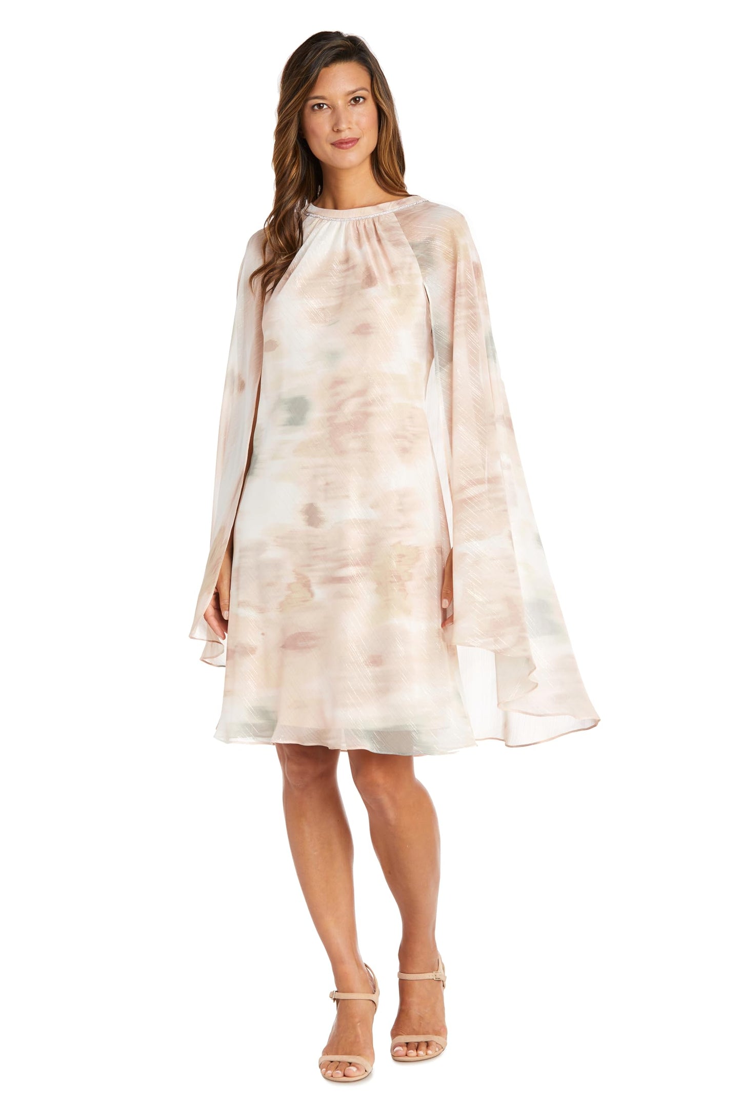 R&M Richards Women's Short Floral Print Lurex Chiffon Cape Dress W/Rhinestone Neckband