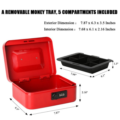 Jssmst Medium Cash Box with Combination Lock - Durable Metal Cash Box with Money Tray Red, 7.87 x 6.3 x 3.35 inches, CB0703M