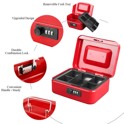 Jssmst Medium Cash Box with Combination Lock - Durable Metal Cash Box with Money Tray Red, 7.87 x 6.3 x 3.35 inches, CB0703M
