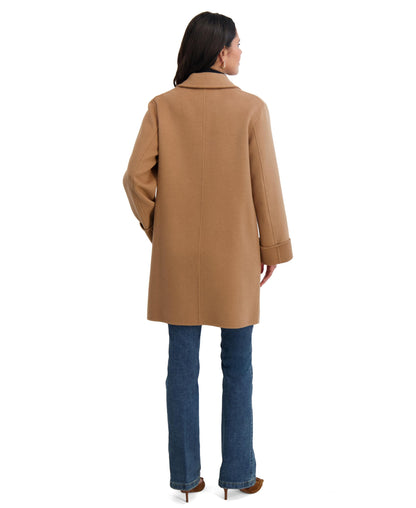 TAHARI Women's Relaxed Double-Faced Soft Wool Topper Coat with Front Buttons, Roll Cuffs & Pick Stitch Detail, Camel, X-Small