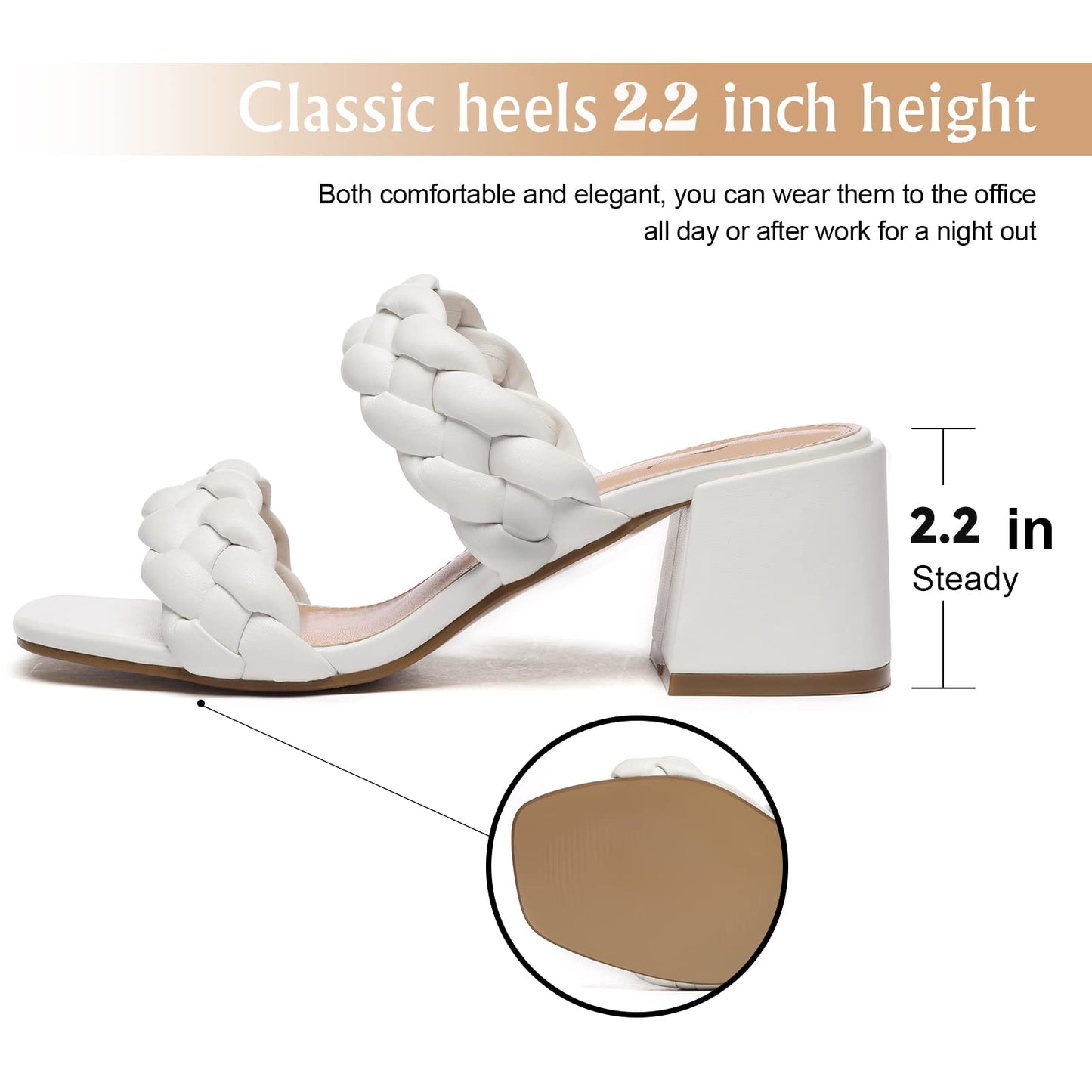 Athlefit Women's Braided Heel Sandals Square Open Toe Woven Chunky Block Low Heeled White Size 9.5