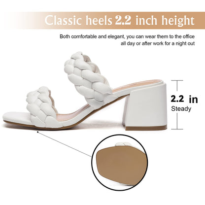 Athlefit Women's Braided Heel Sandals Square Open Toe Woven Chunky Block Low Heeled White Size 9.5