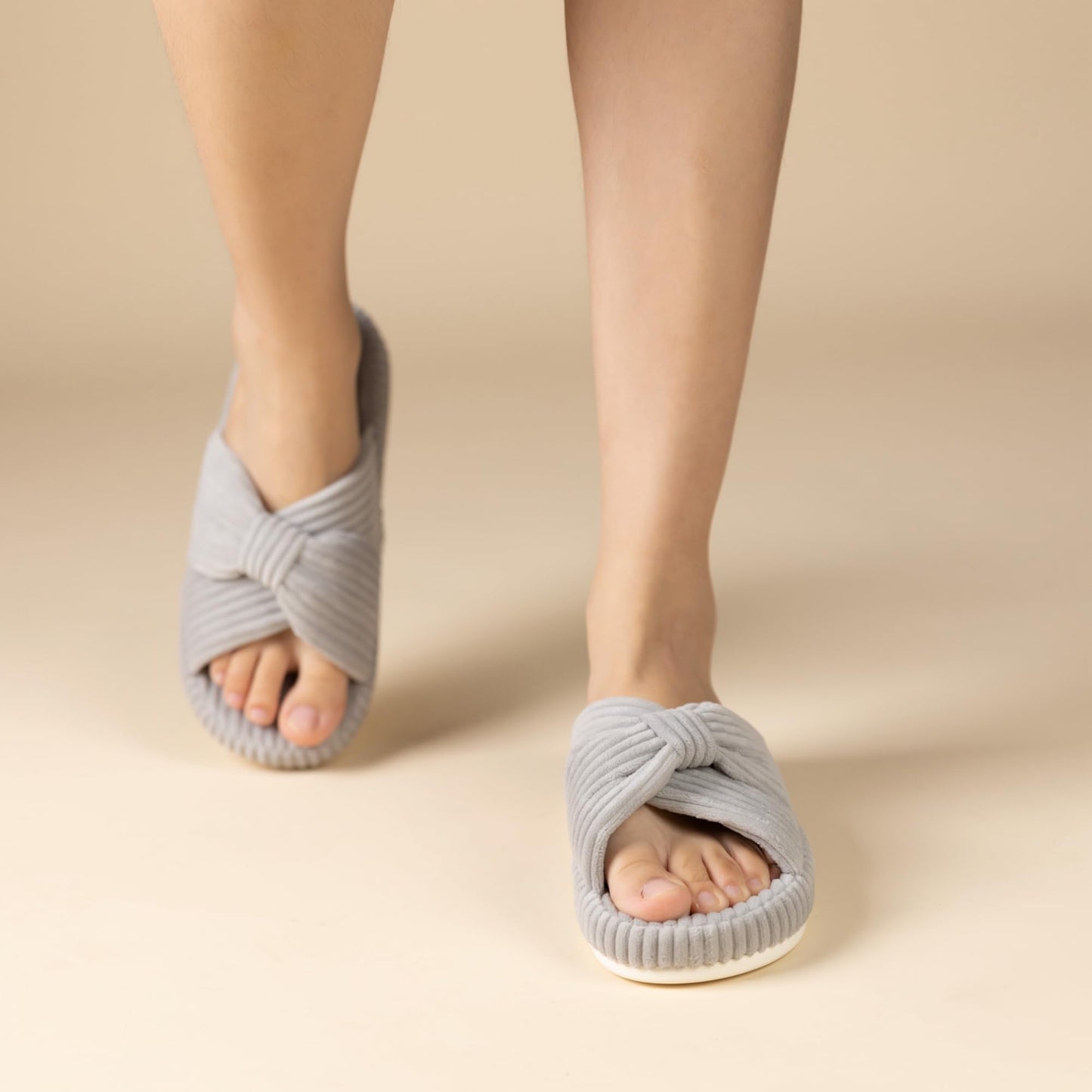 Chantomoo Slippers for Women Memory Foam House Bedroom Corduroy Bow Crossbands Slipper Shoes Comfy Trendy Gift Slippers Grey Size 7 8 6.5