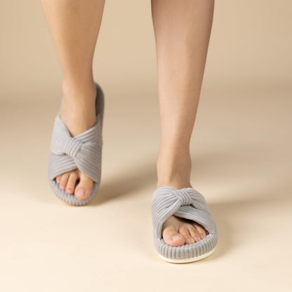 Chantomoo Slippers for Women Memory Foam House Bedroom Corduroy Bow Crossbands Slipper Shoes Comfy Trendy Gift Slippers Grey Size 7 8 6.5
