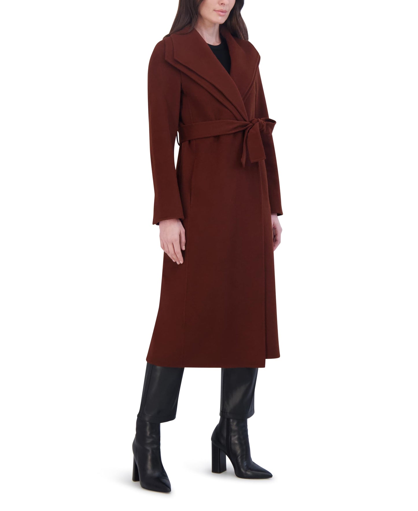 TAHARI Women's Slim Fit Double-Faced Wool Blend Wrap Coat with Tie Belt – Longline Silhouette, Cinnamon, Small