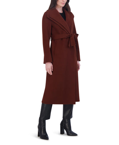 TAHARI Women's Slim Fit Double-Faced Wool Blend Wrap Coat with Tie Belt – Longline Silhouette, Cinnamon, Small