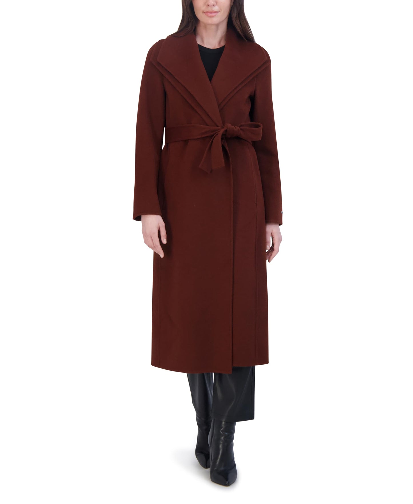 TAHARI Women's Slim Fit Double-Faced Wool Blend Wrap Coat with Tie Belt – Longline Silhouette, Cinnamon, Small