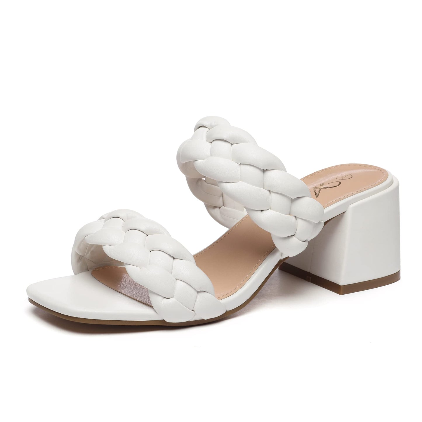 Athlefit Women's Braided Heel Sandals Square Open Toe Woven Chunky Block Low Heeled White Size 9.5