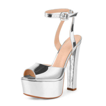 Vecipatcare Platform High Heels Chunky heels Open Toe Round Toe Sexy Sandals Silver Size6