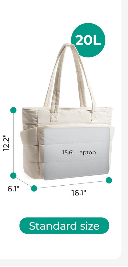 BAGSMART Tote Bag for Women, Lightweight Puffy Tote Bag with Compartments Shoulder Bag Handbag for Travel, Work, Gym (Light Beige, Standard Size)