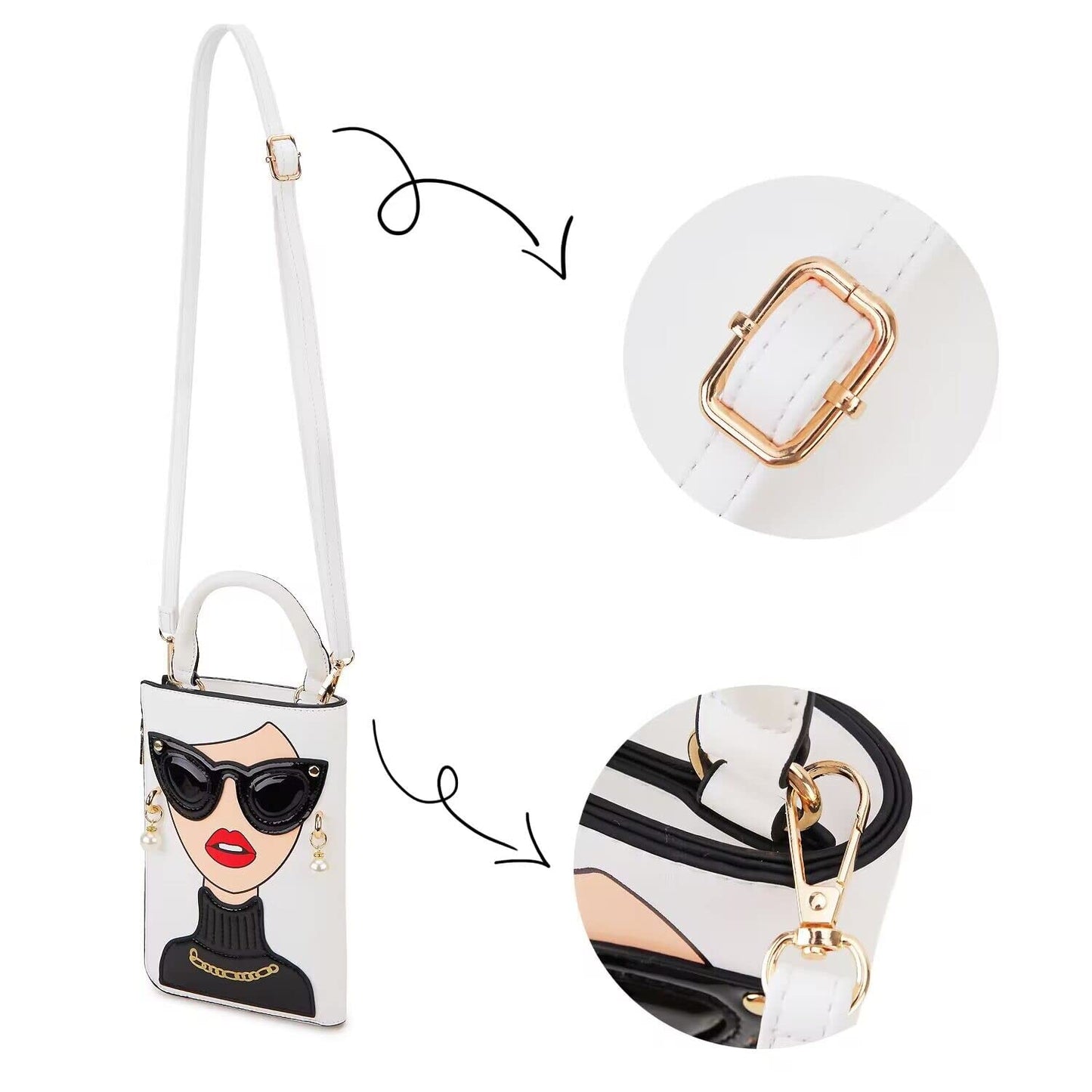 ENJOININ Women Novelty Lady Face Shoulder Bags Funky PU Leather Top Handle Satchel Handbags Clutch Purse for Women (White-3b)