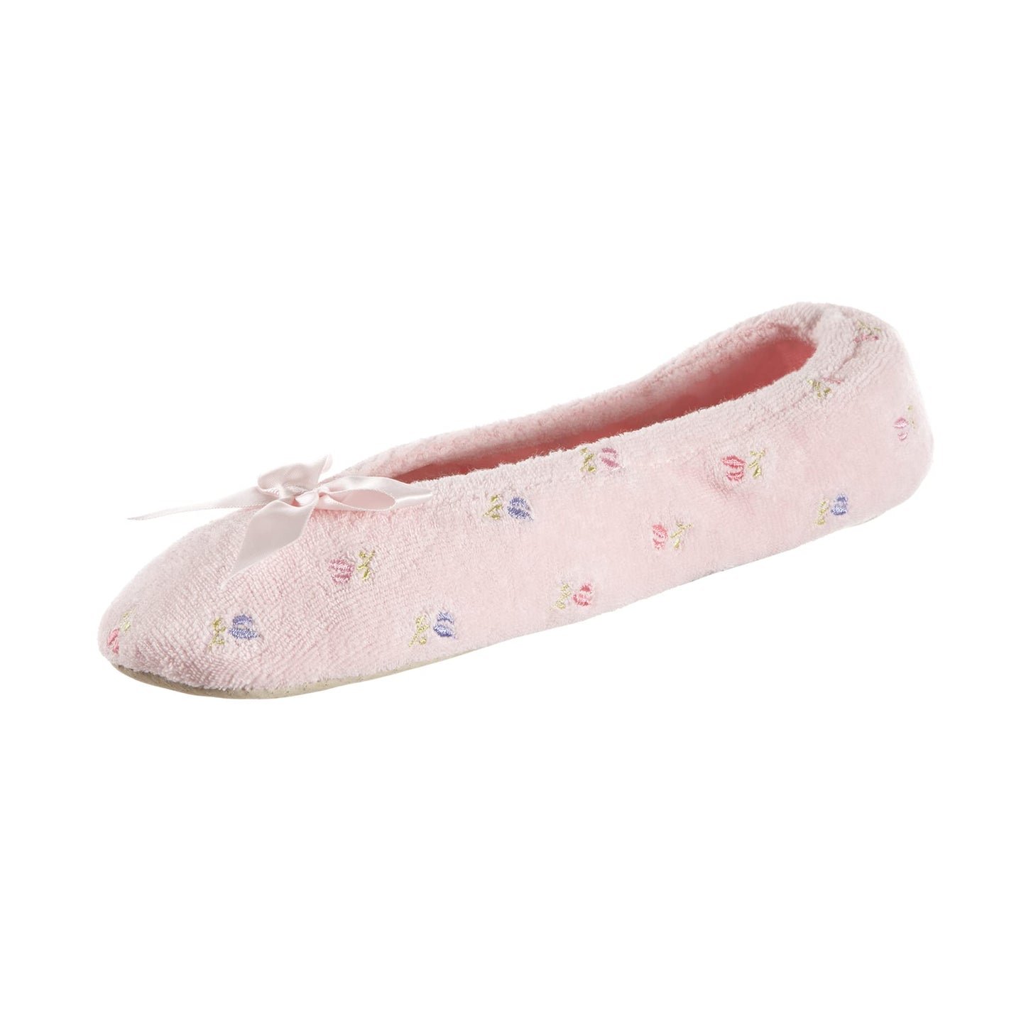 isotoner Women's Embroidered Plush Terry Ballerina Slippers , Pink Soft Tie Bow, 6.5-7.5