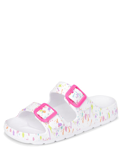 The Children's Place Girls Double Buckle Slip On Slide Sandals, White Paint Splatter, 4 Big Kid