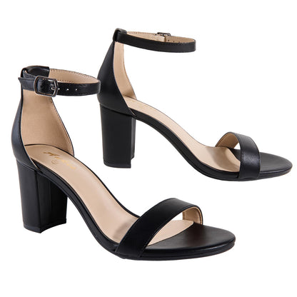 Ankis Black Heels for Women - Open Toe Ankle Strap Chunky Heel Pump Sandals Party Wedding Strappy Buckle Sandals Standard Size 2.75 Inches Tall Thick Heel Design (Black Pu, numeric 9.5)