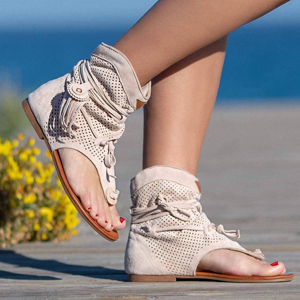 Tassel Sandals for Women, Retro Bohemian Gladiator Fringe Casual Shoes Flat Clip Toe Ankle Boots Beach Sandals T-Strap Roman Open-Toe Sandals
