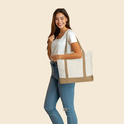 DALIX 22" Large Cotton Canvas Zippered Shopping Tote Grocery Bag in Brown