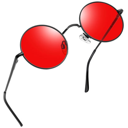 Joopin Small Round Sunglasses Circle Shades for Women Men Metal Circular Sun Glasses UV Protection Hippie Sunnies (Black Tinted Red)