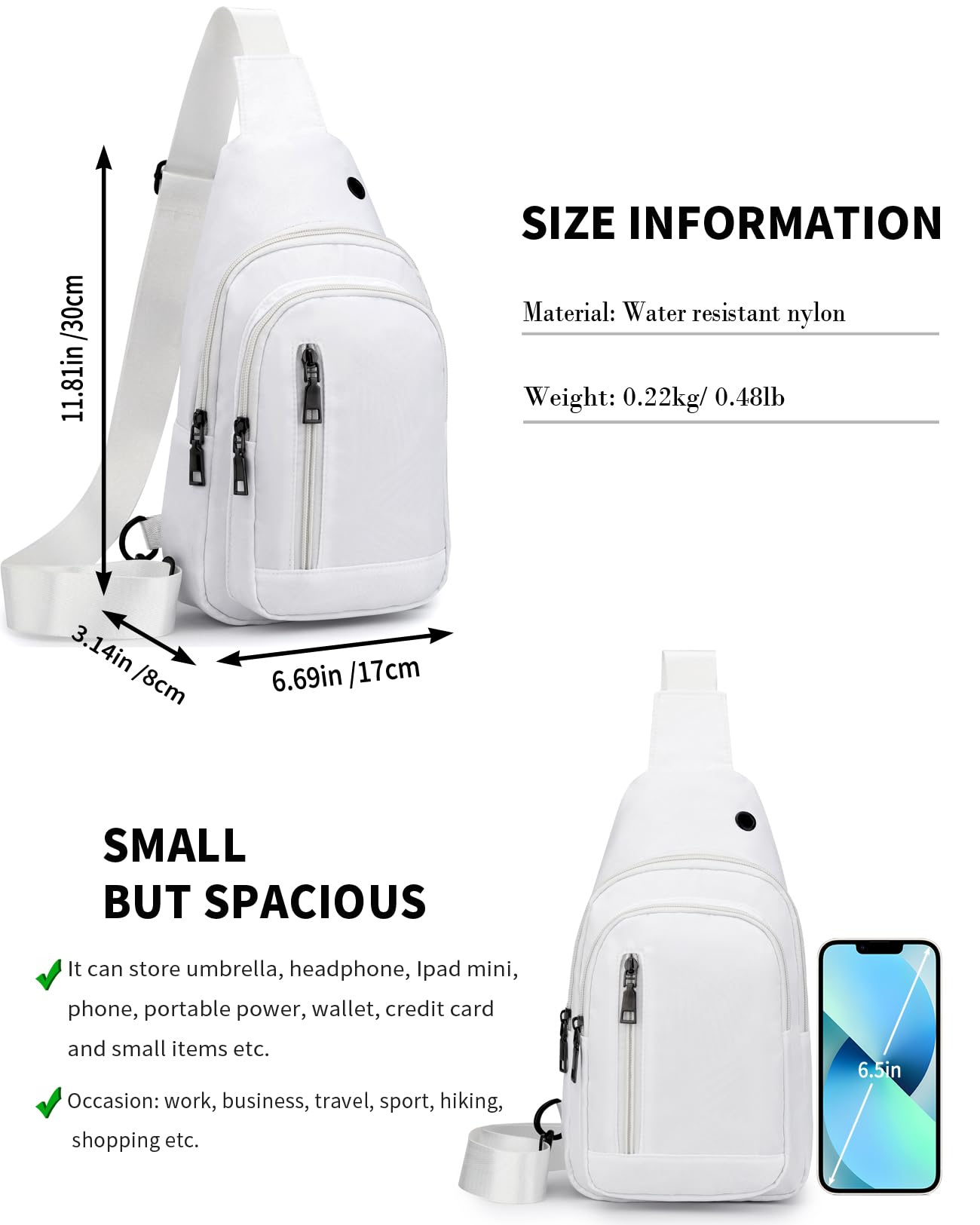 Seoky Rop Sling Bag Crossbody Backpack for Men Women Small Purse Chest Shoulder Bag for Travel Hiking Daypack White