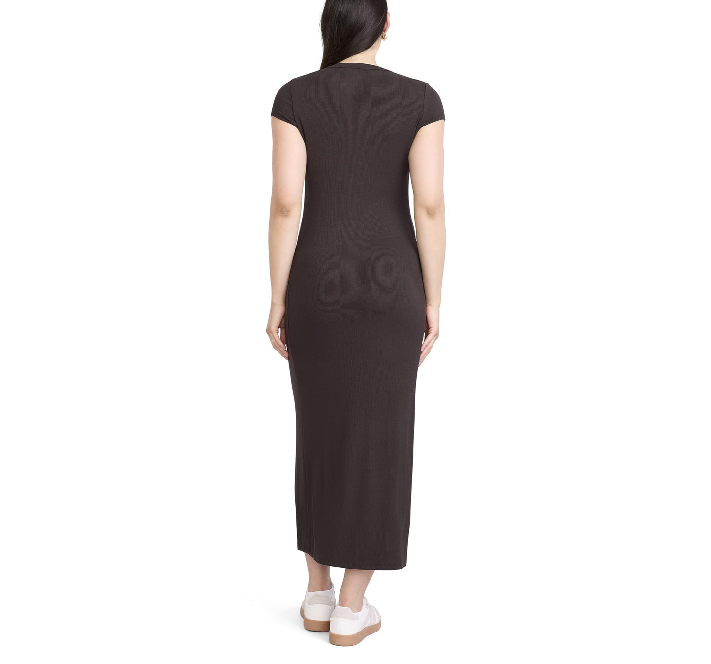 Motherhood Maternity Women's Short Sleeve V-Neck Henley Rib Knit Bodycon Maxi Pregnancy Dress, Chocolate Tort, Small